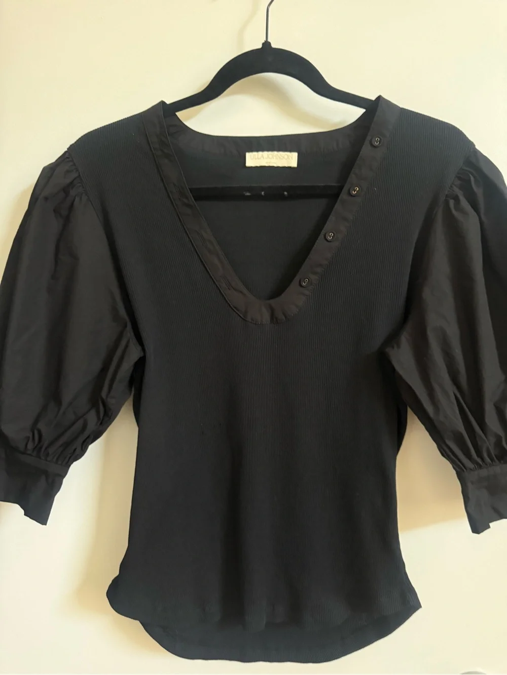 ULLA JOHNSON Puff Sleeve Ribbed Blouse Black XL (Fits more like a Large)